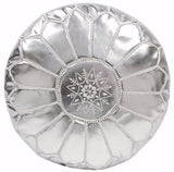 Embroidered Faux Metallic Leather Pouf, Silver on Silver