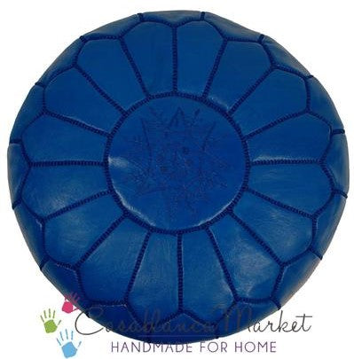 Embroidered Leather Pouf, Dark Blue