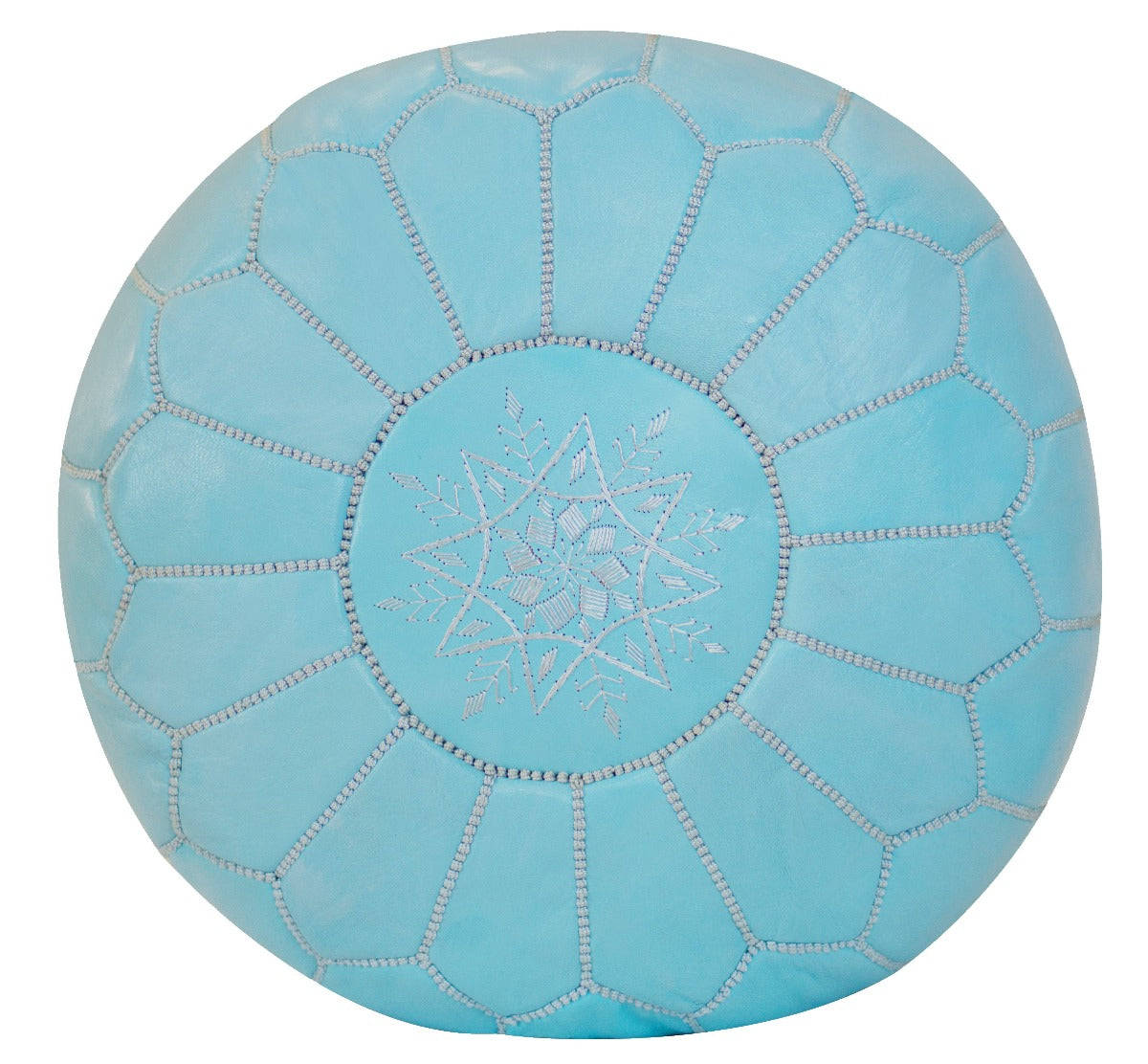 Embroidered Leather Pouf, Baby Blue