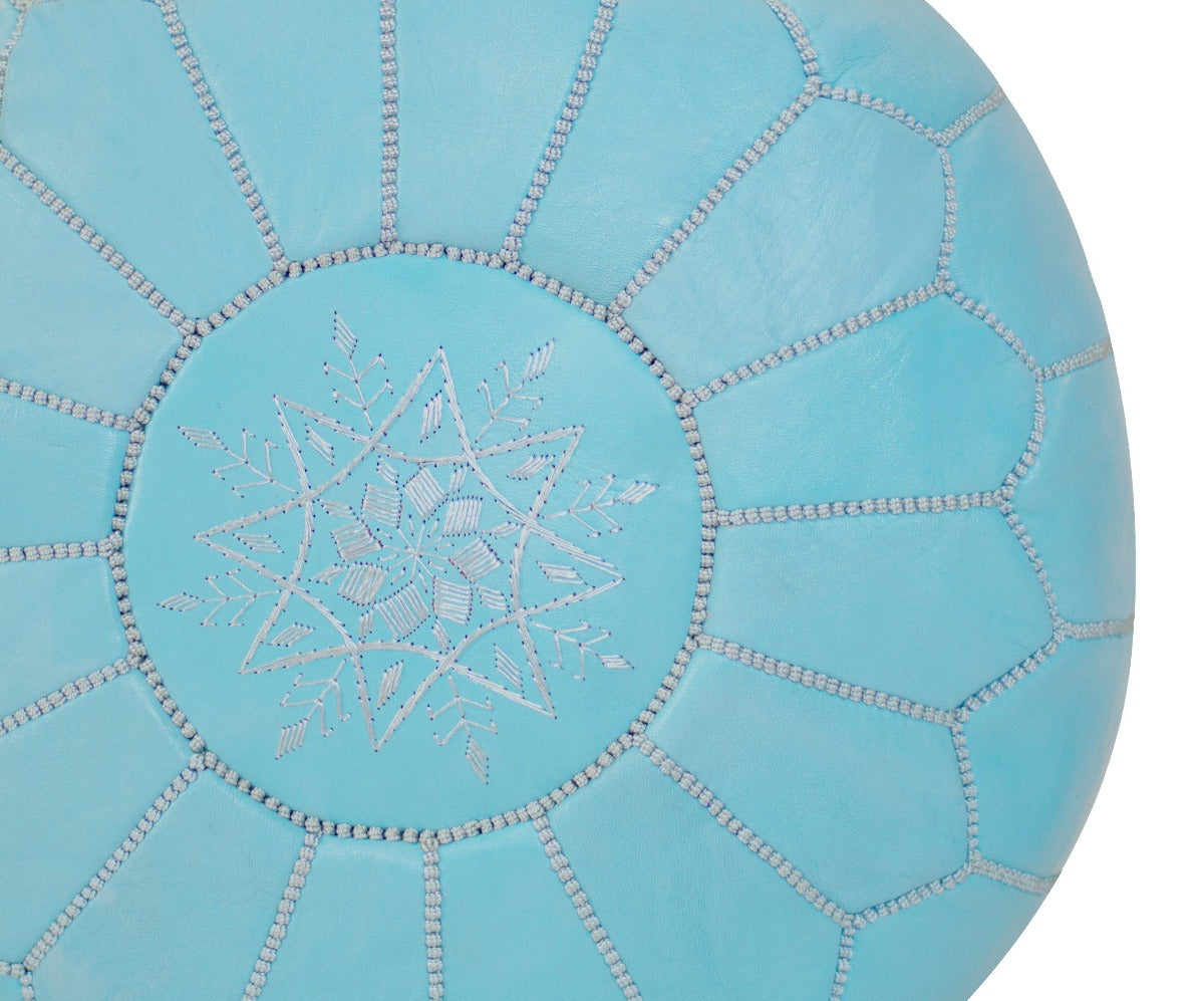 Embroidered Leather Pouf, Baby Blue