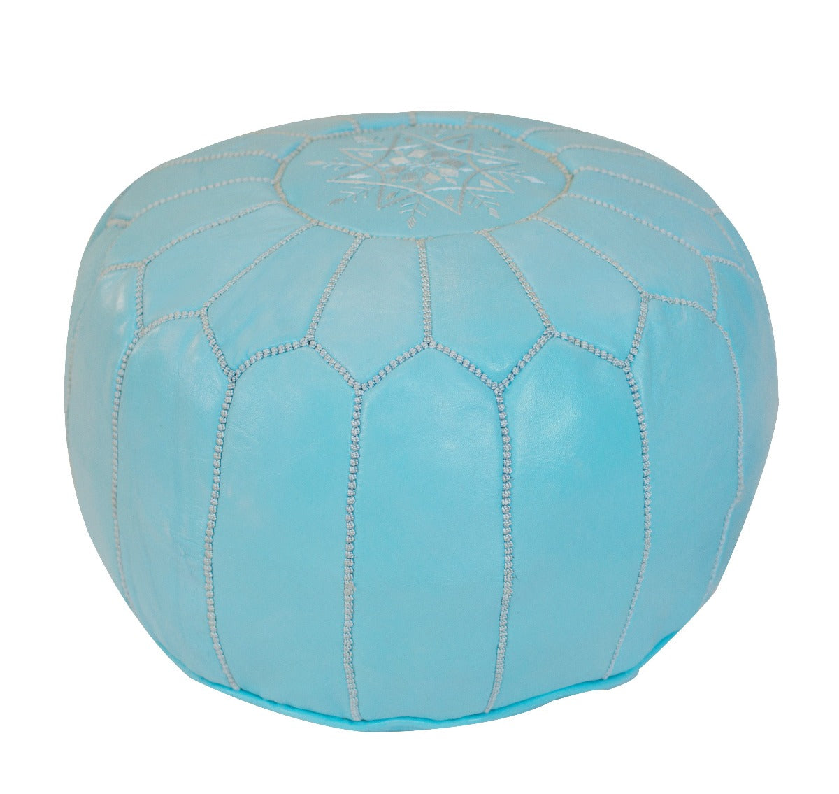 Embroidered Leather Pouf, Baby Blue