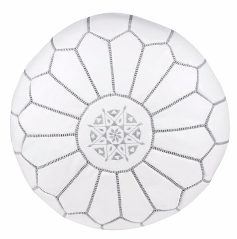 Embroidered Leather Pouf, Gray on White