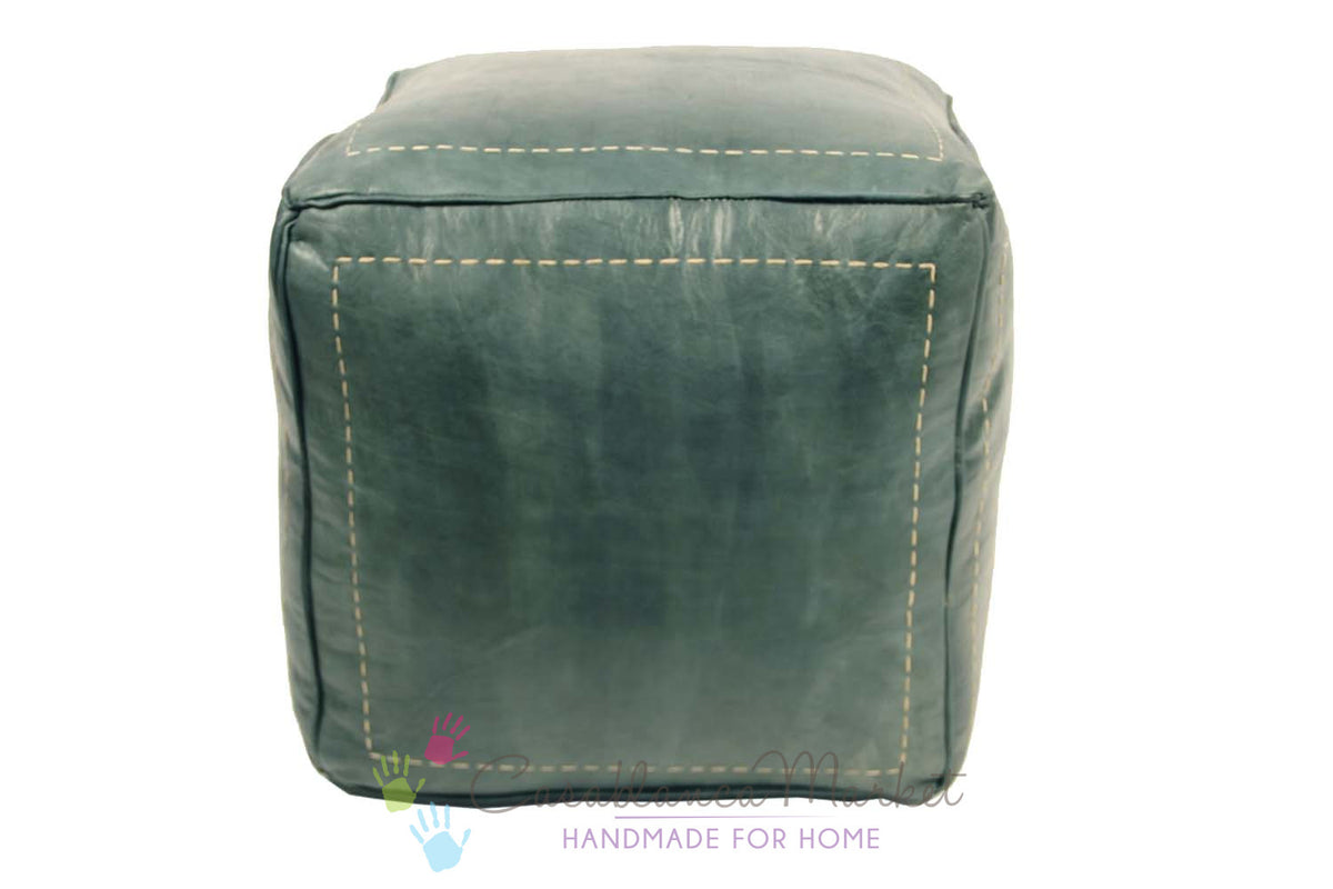 Moroccan Contemporary Leather Pouf, Stonewash