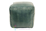 Moroccan Contemporary Leather Pouf, Stonewash