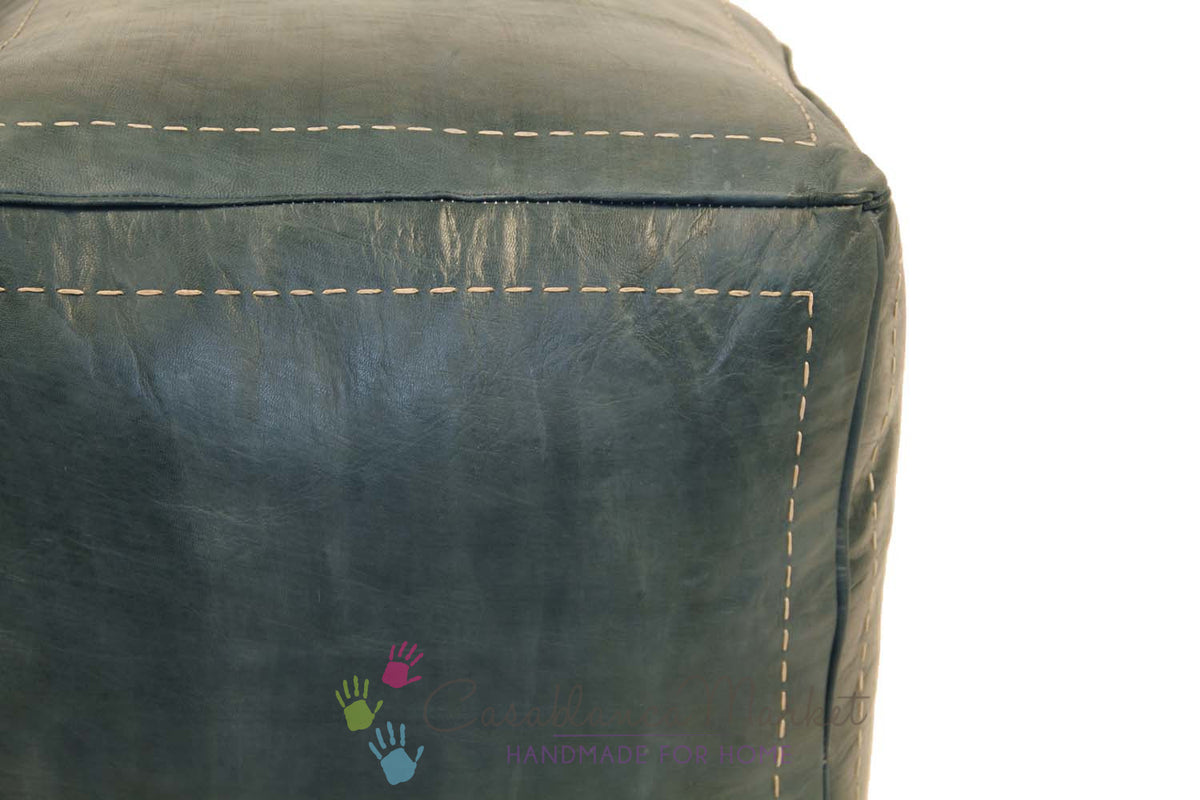 Moroccan Contemporary Leather Pouf, Stonewash