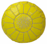 Embroidered Leather Pouf, Beige on Bright Yellow