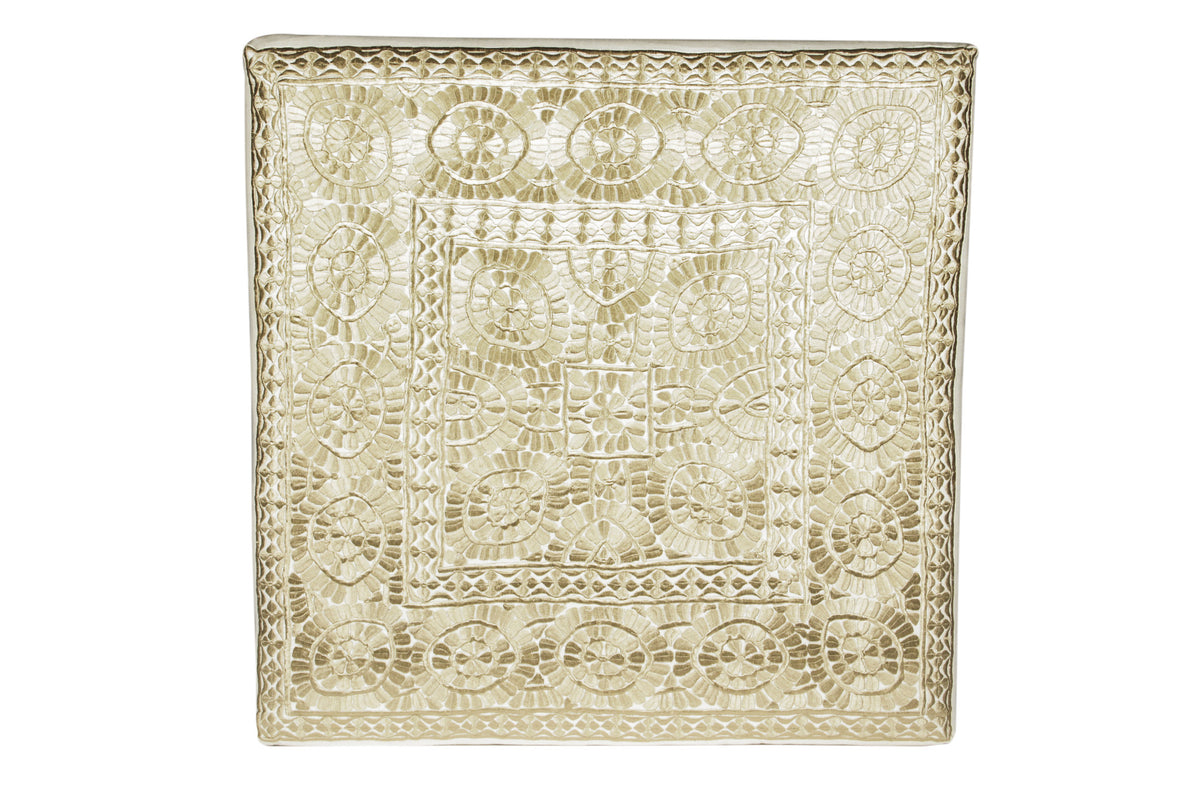 Fez Embroidered Ottoman, Beige/Ivory