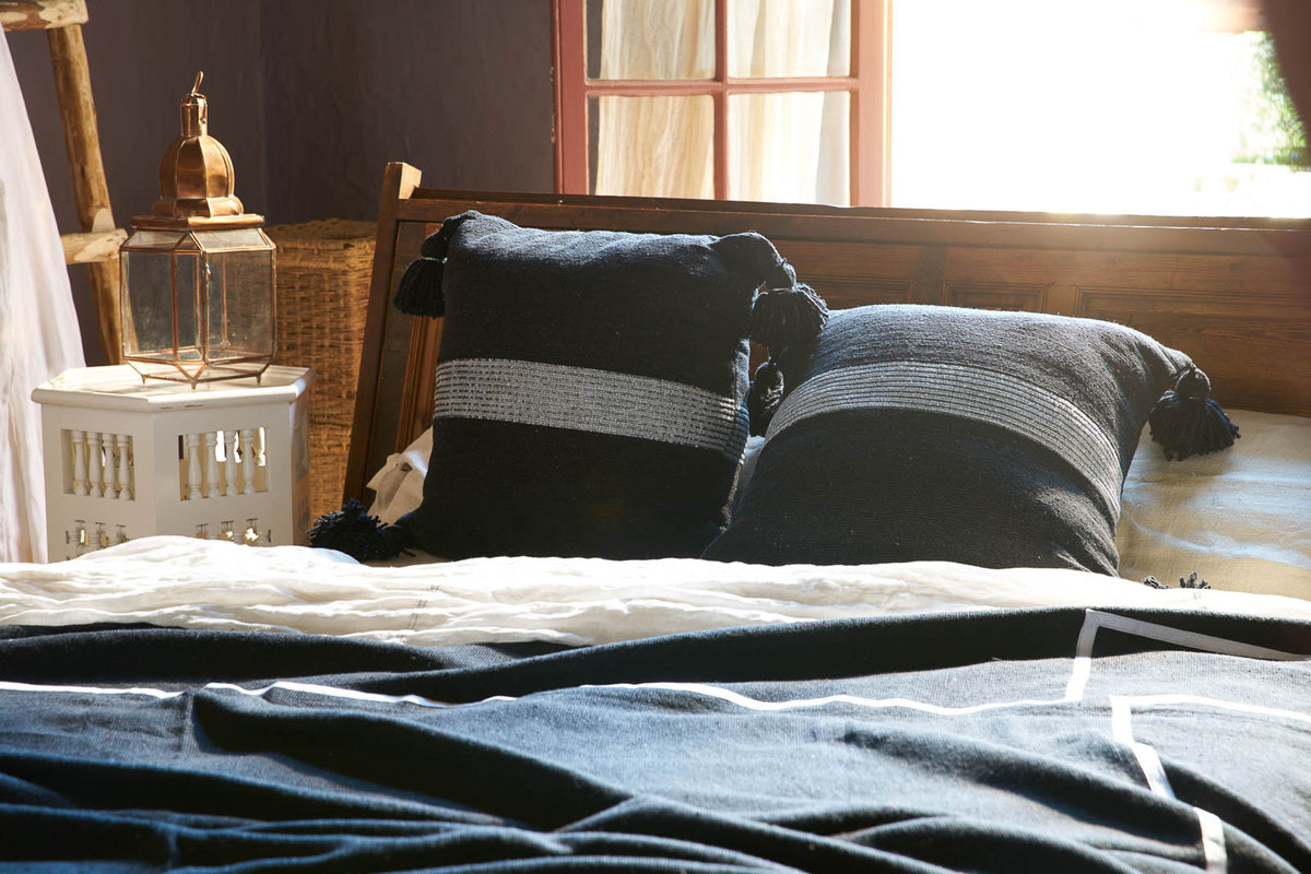 Moroccan Pom Pom Pillow, Black and White Stripes on Gray