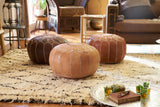 Embroidered Leather Pouf, Natural Desert Starburst Stitch