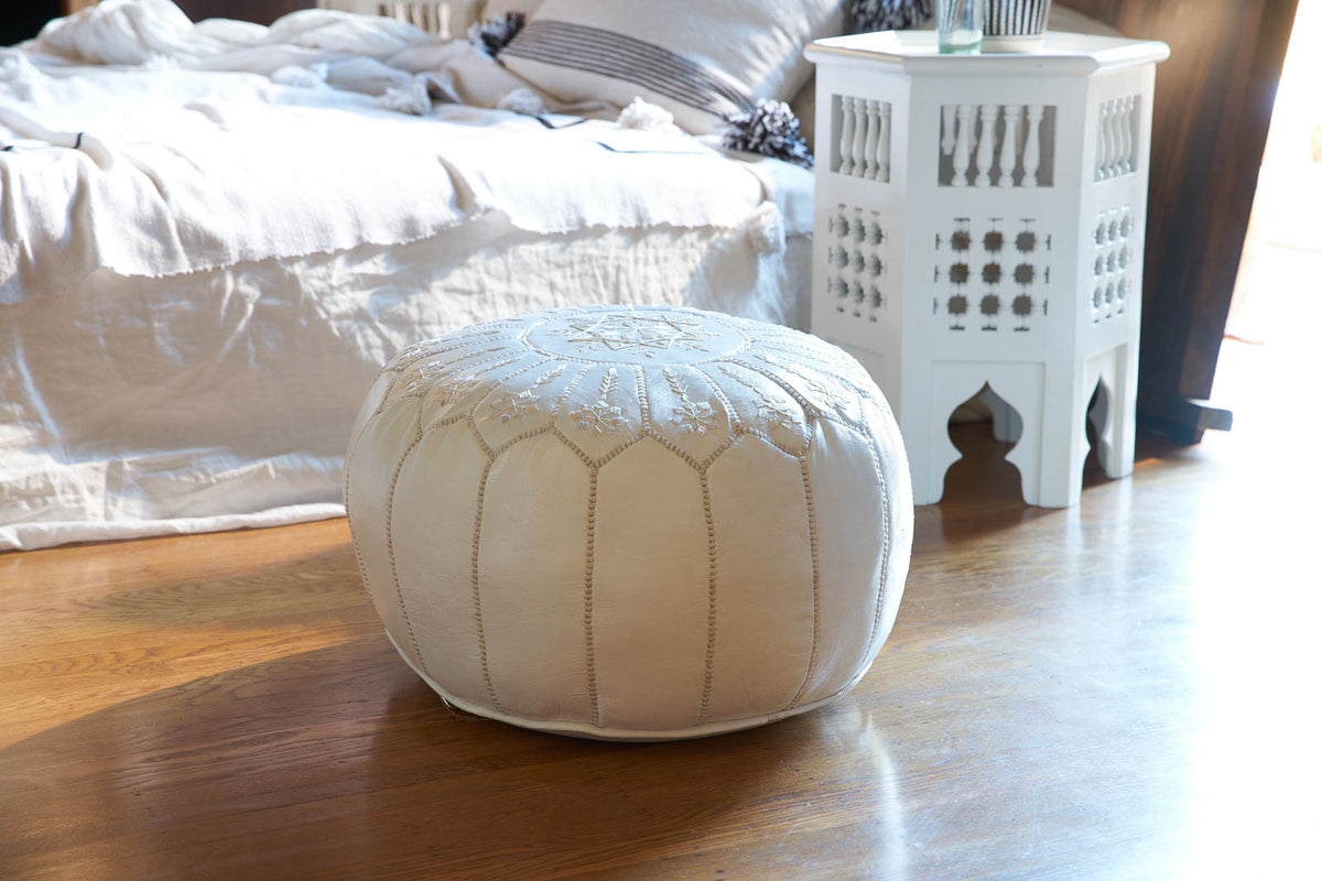 Embroidered Leather Pouf, White on White Starburst Stitch