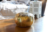 Embroidered Faux Metallic Leather Pouf, Gold