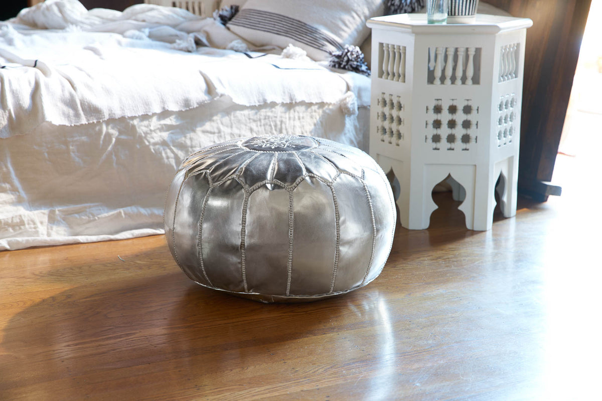 Embroidered Faux Metallic Leather Pouf, Silver on Silver