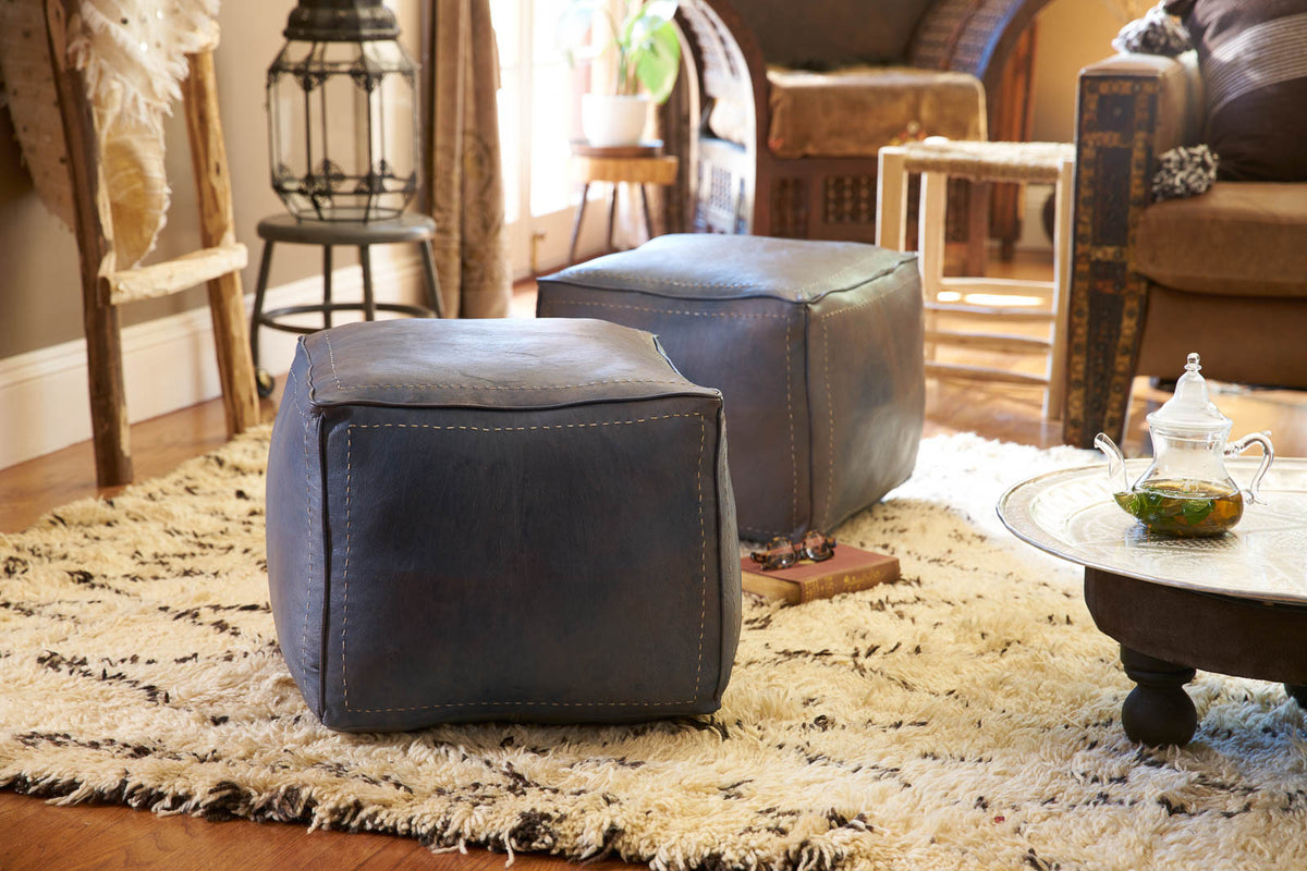Moroccan Contemporary Leather Pouf, Slate Blue