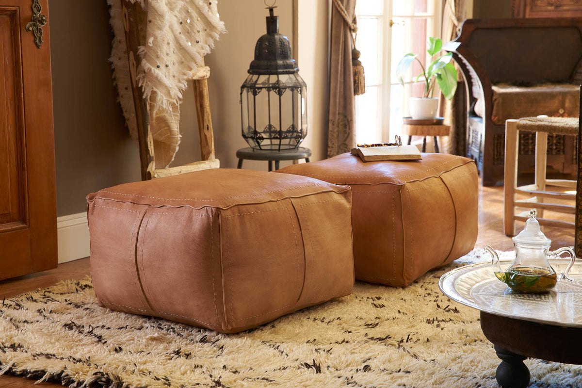 Moroccan Contemporary Leather Pouf, Tan