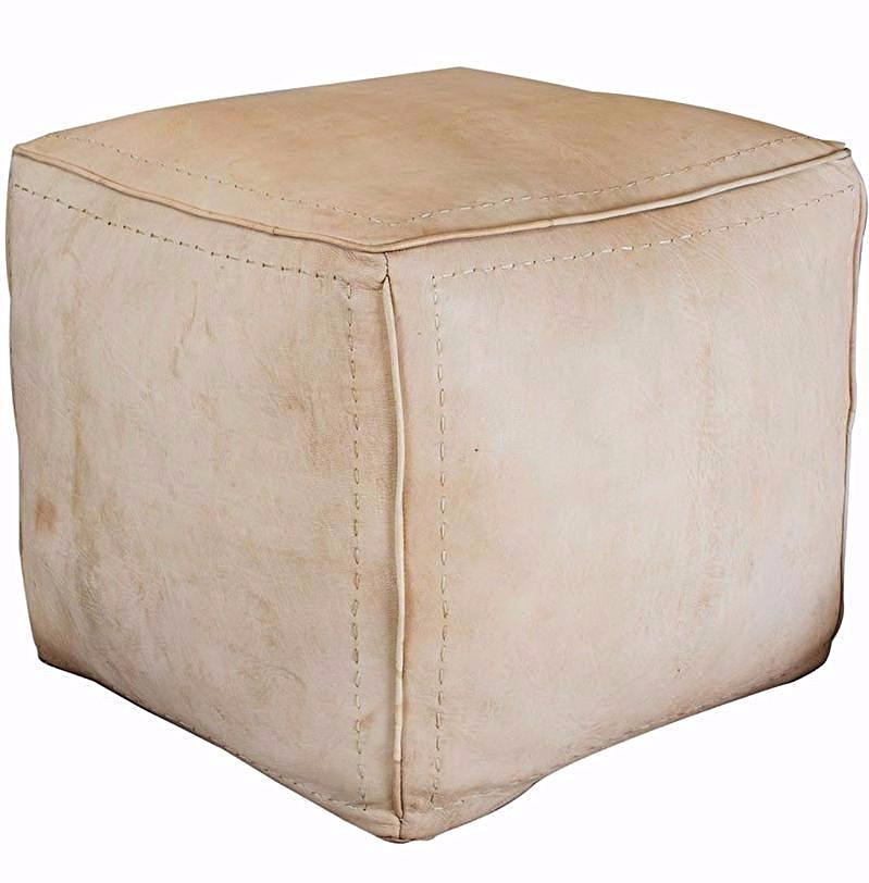 Moroccan Contemporary Leather Pouf, Naturel