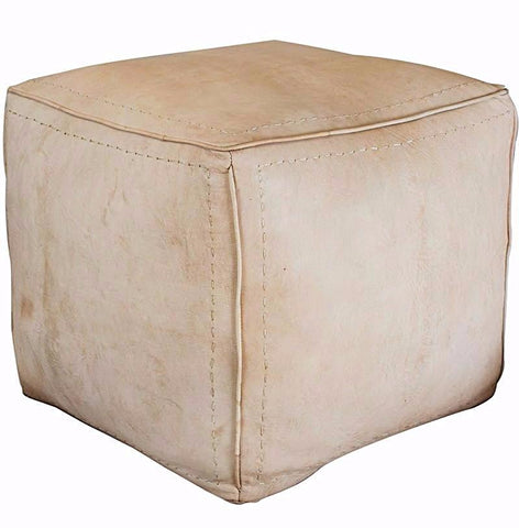 Moroccan Contemporary Leather Pouf, Naturel