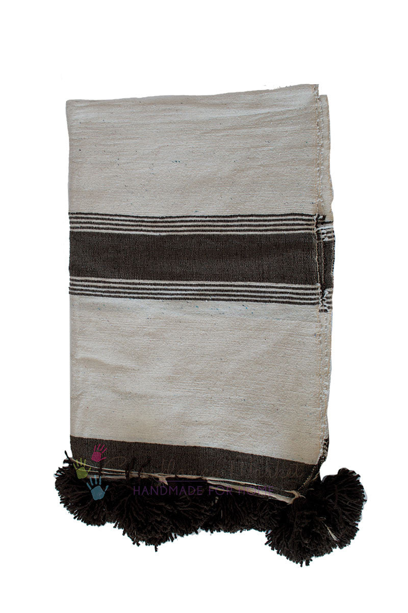 Moroccan Blanket/Throw, Rich Dark Brown Stripes on White