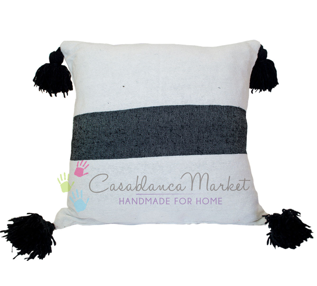 Moroccan Pom Pom Pillow Black on White