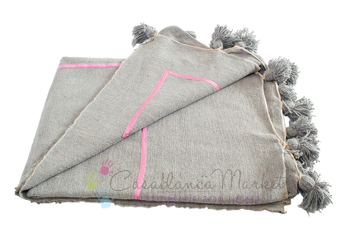 Moroccan Pom Pom Blanket, Pink on Gray