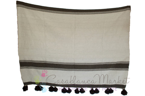 Moroccan Blanket/Throw, Rich Dark Brown Stripes on White