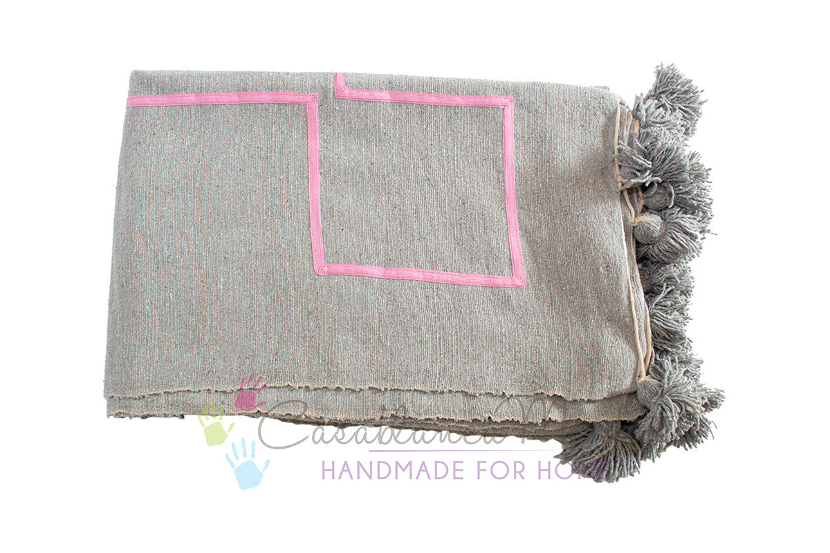 Moroccan Pom Pom Blanket, Pink on Gray