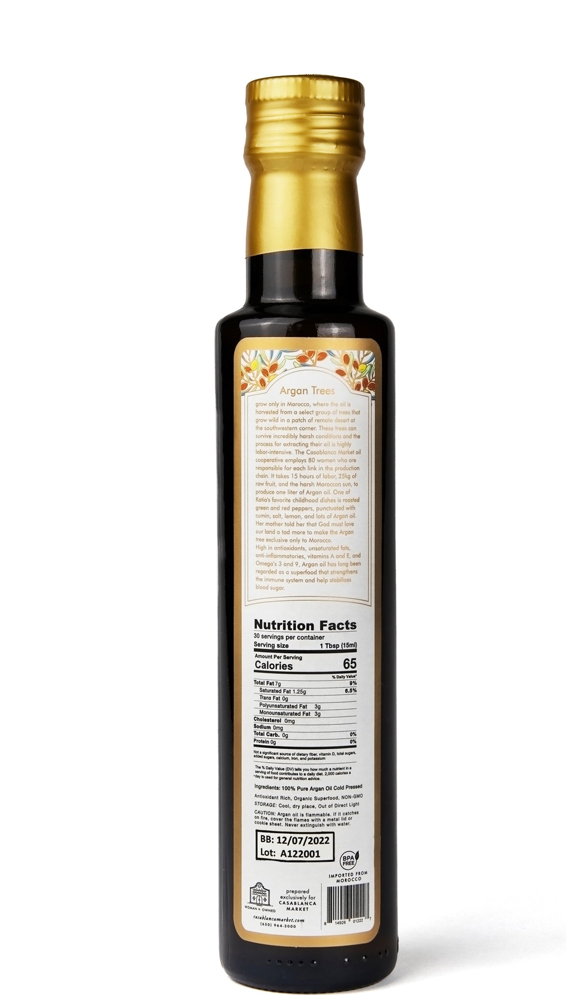 Casablanca Market Moroccan Organic Culinary Argan Oil, Glass Bottle