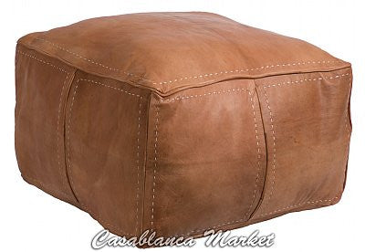 Moroccan Contemporary Leather Pouf, Tan