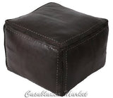 Moroccan Contemporary Leather Pouf, Dark Brown with White Stitching