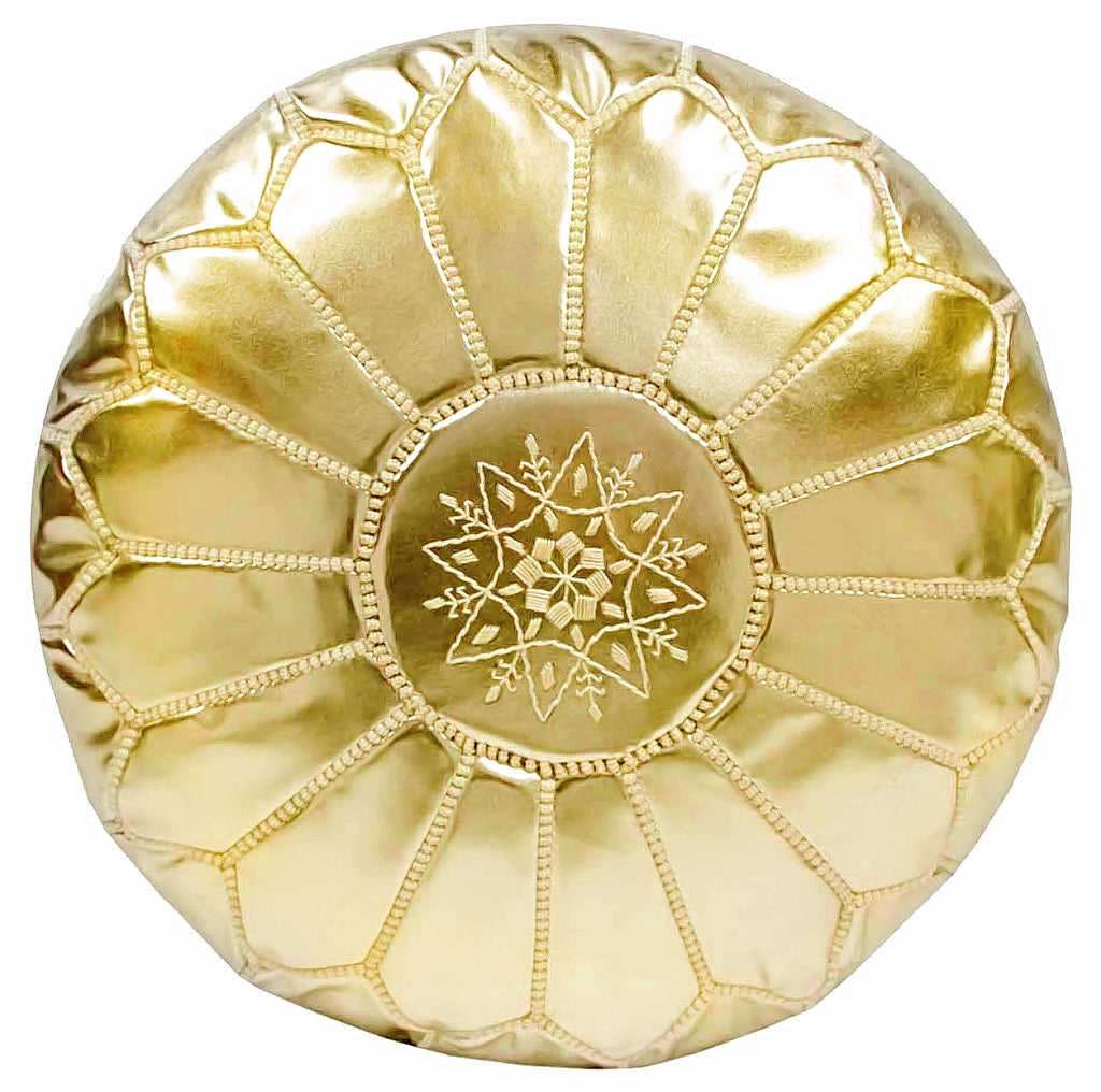 Embroidered Faux Metallic Leather Pouf, Gold