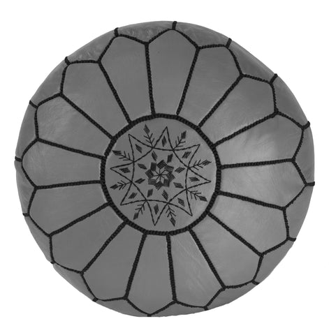 Embroidered Leather Pouf, Black on Grey