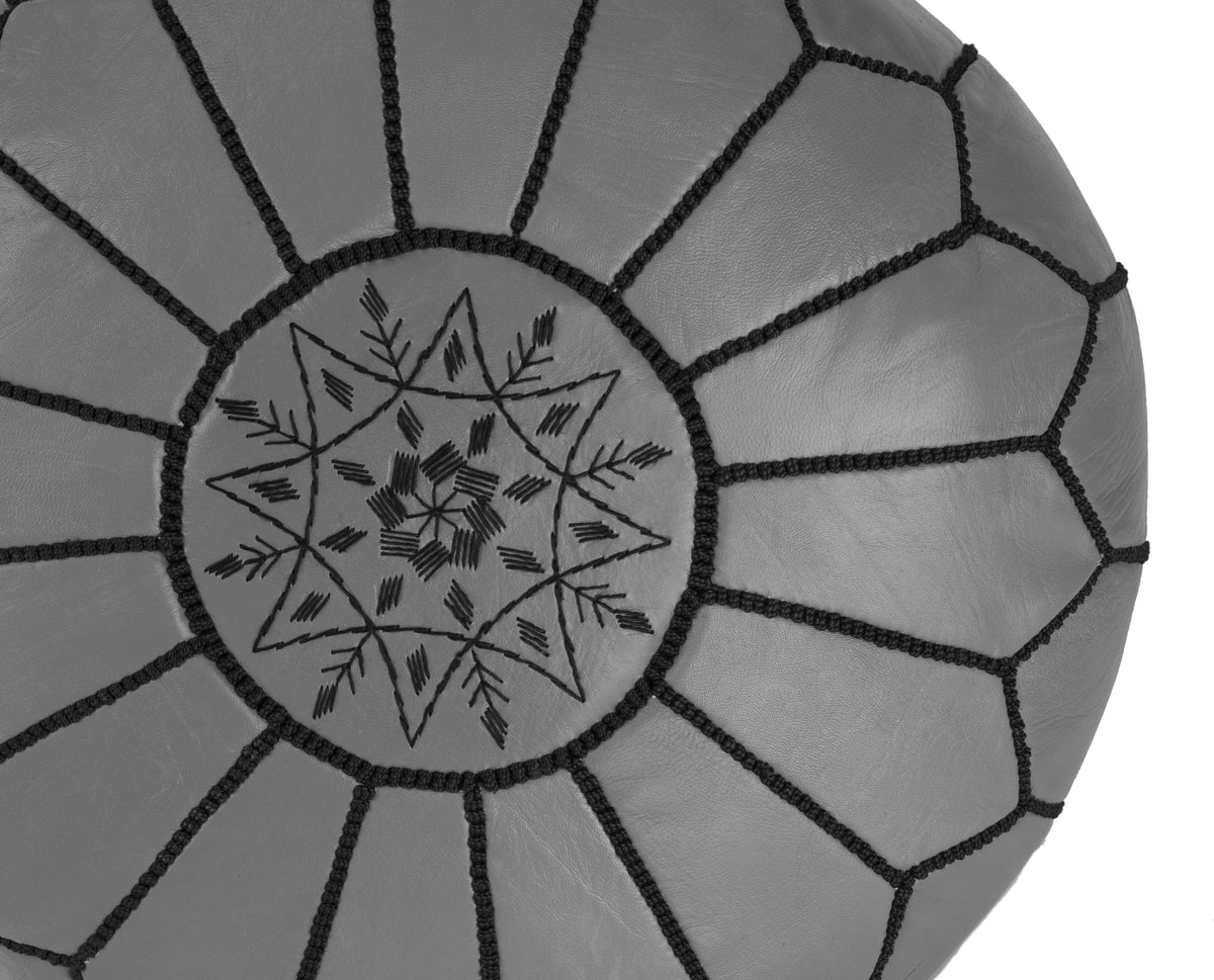 Embroidered Leather Pouf, Black on Grey