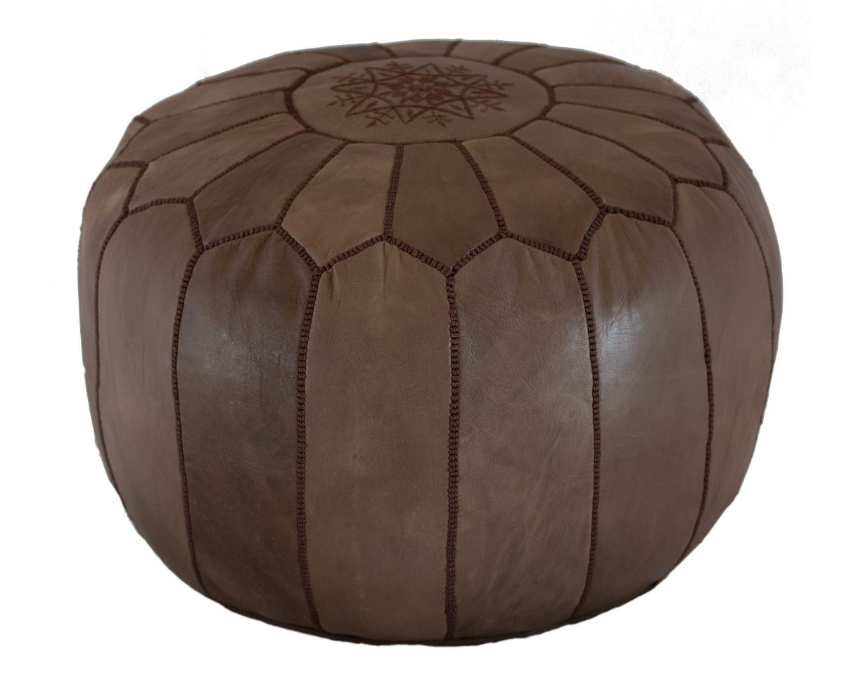 Embroidered Leather Pouf, Brown on Brown