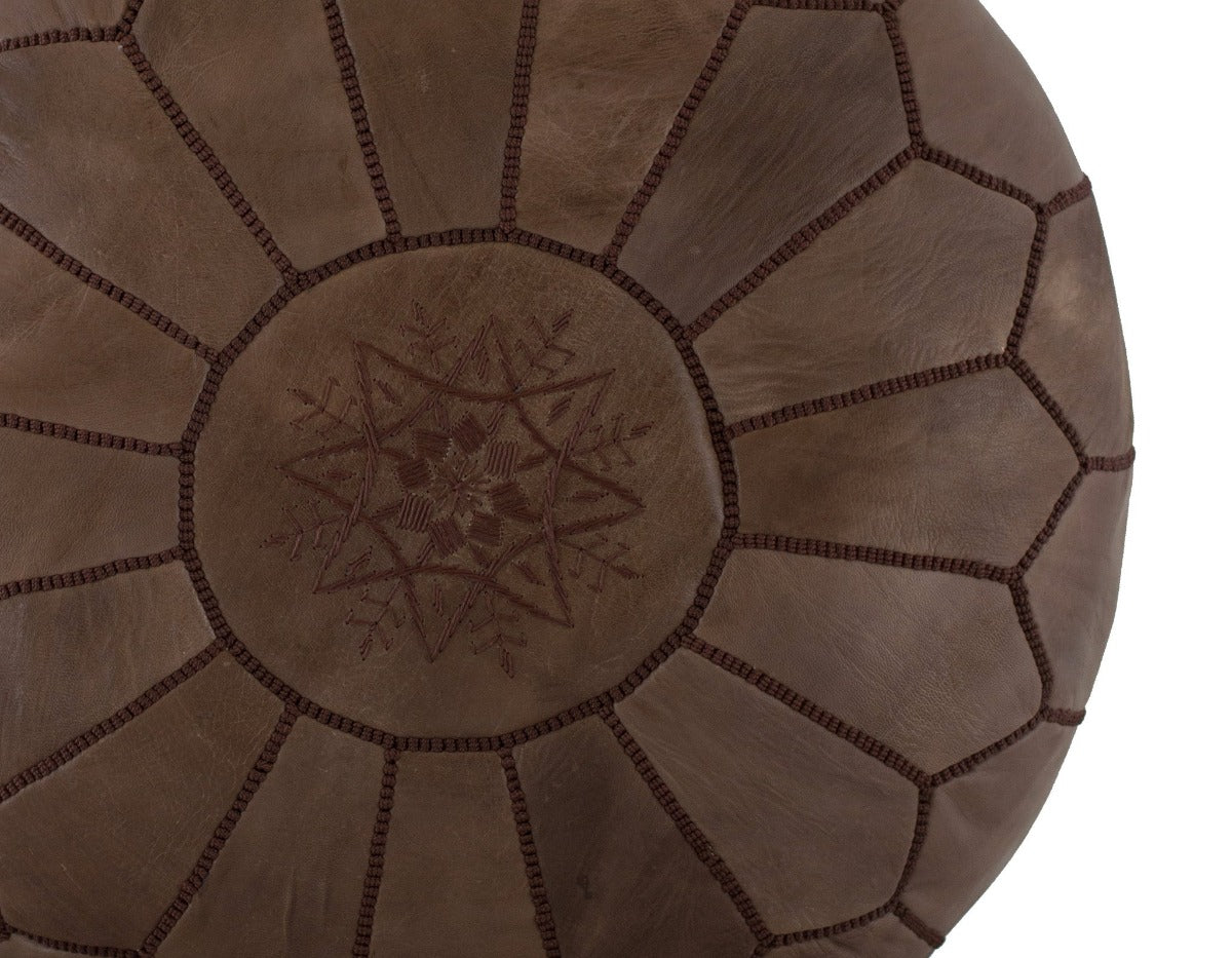Embroidered Leather Pouf, Brown on Brown