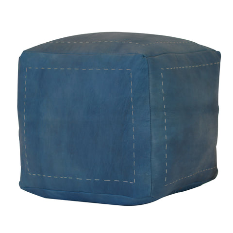 Moroccan Contemporary Leather Pouf, Slate Blue