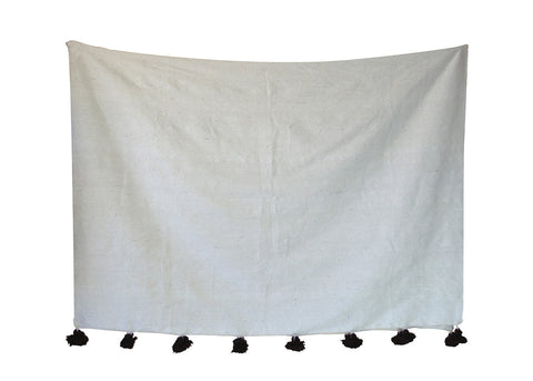 Moroccan Pom Pom Blanket, White with Brown Pom Pom