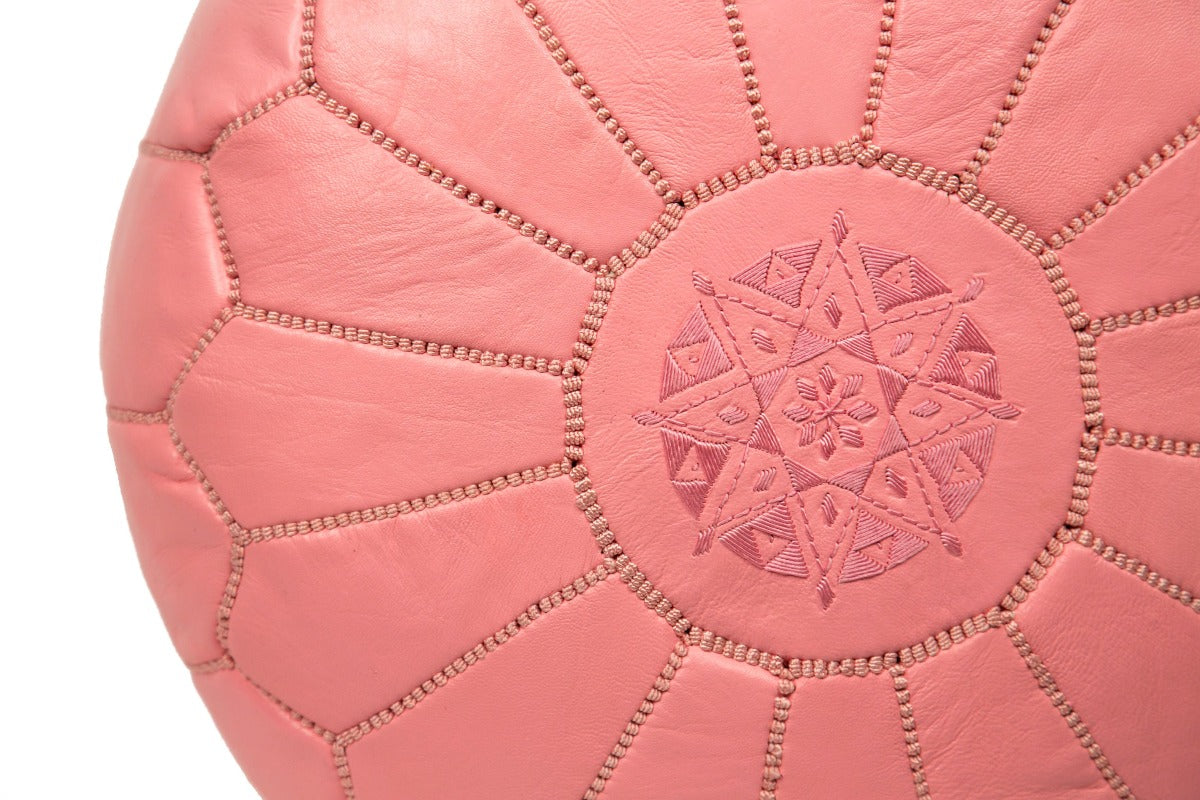 Embroidered Leather Pouf, Pink